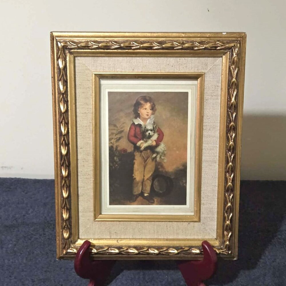 Vintage Framed Portrait Print–Classic Boy With Dog–Gold Ornate Frame – 11" x 9"